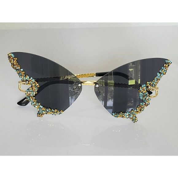 🦋✨ Rhinestone Diamond Butterfly Rimless Y2K Shades Sunglasses NEW - Picture 4 of 15